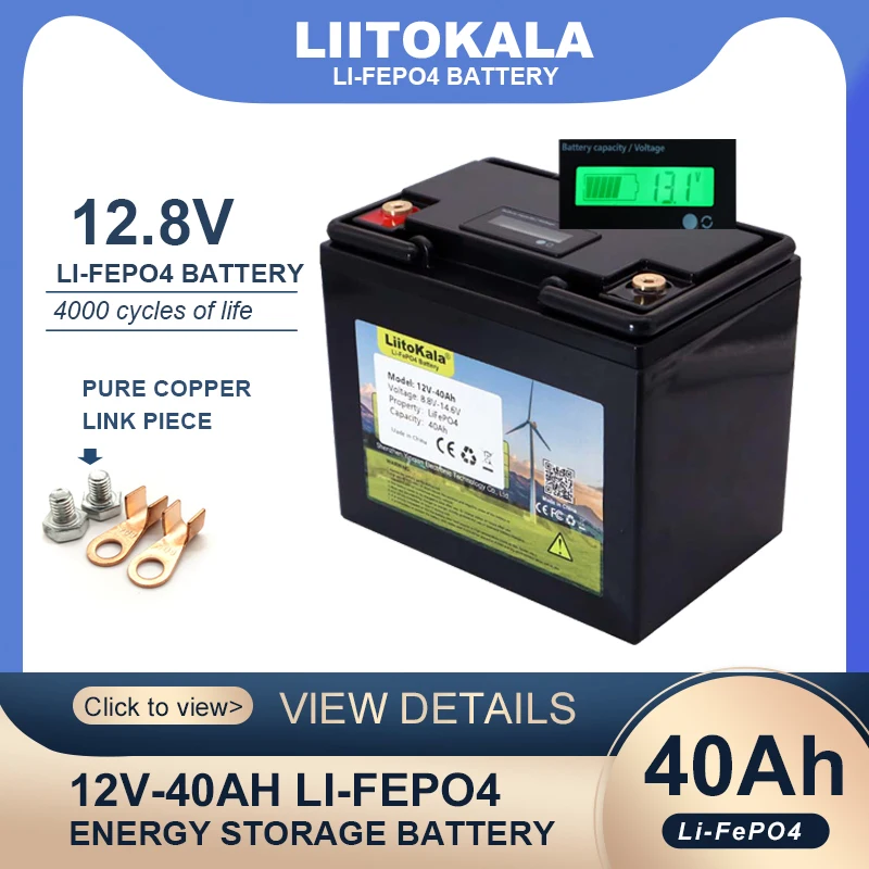 LiitoKala 12.8V 40AH LiFePO4 Battery with BMS Lithium Iron Phosphate Batteries 12v Car ignition inverter Solar 14.6v 10A Charger