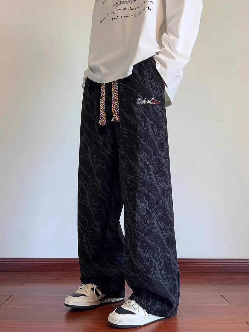 Black Tie Dye Embroidered Casual Pants For Men Casual Loose Straight Leg Trousers High Waist Pantts