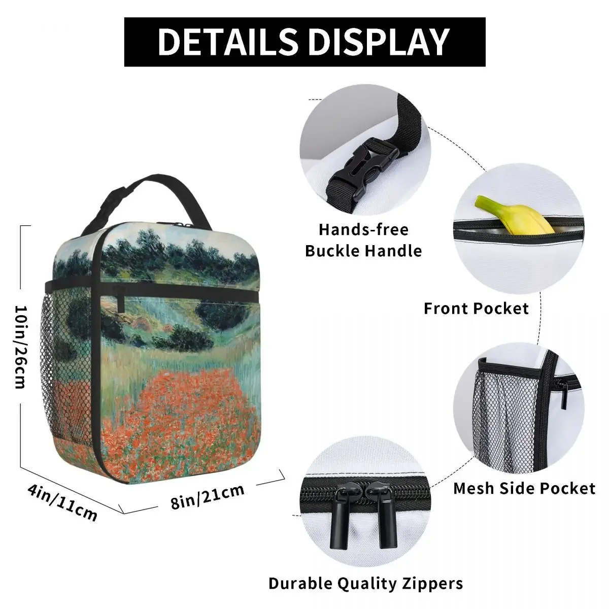 1885-Claude Monet-Poppy Field In A Hollow Near Giverny Insulated Lunch Bag Children Portable Food Boxes Thermal Lunch Box Tote