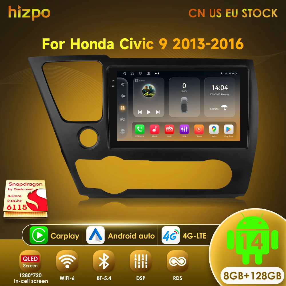 Hizpo Per Honda Civic 9 2013 2014 2015 2016 Android 14 Carplay Autoradio Multimedia Video Player Navigazione GPS 2 Din Autoradio