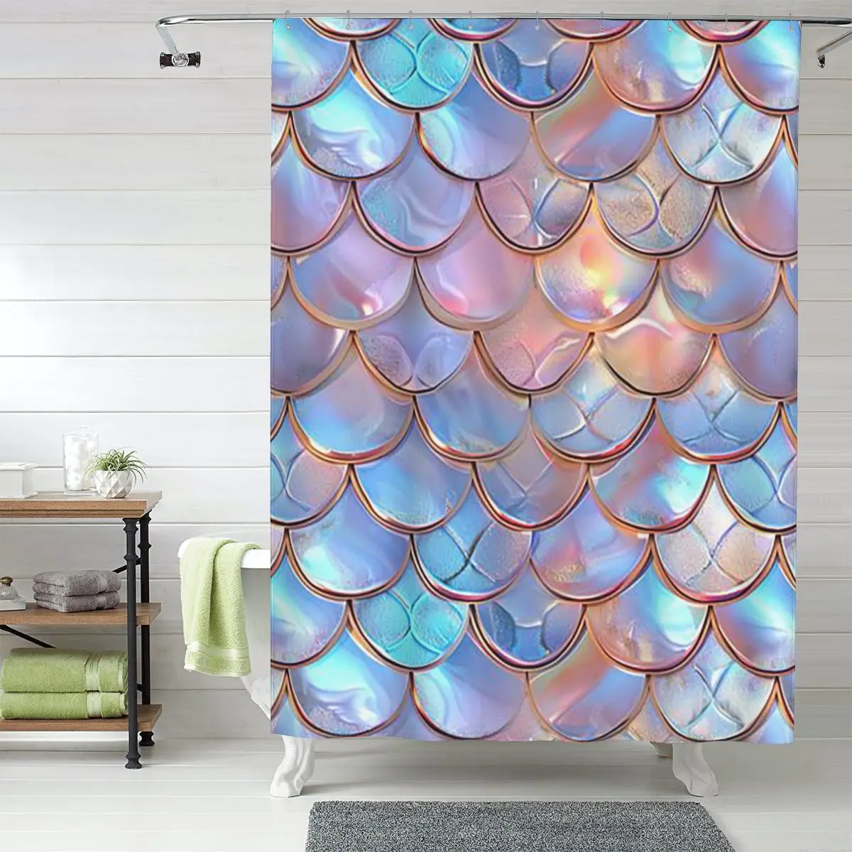 

Mermaid Fish Scale Shower Curtain Bathroom Polyester Waterproof Bath Curtains with Hooks