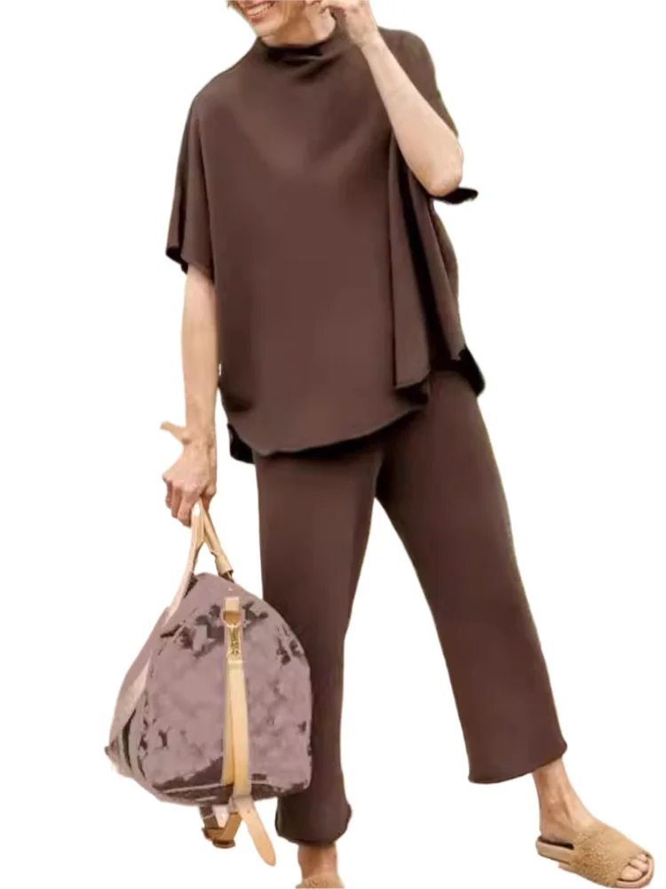 

Casual 2 Piece Sets Solid Color Batwing Sleeves Loose Set Women's Summer Fashion Pullovers Wide leg Pants New Elegant Pants Sets