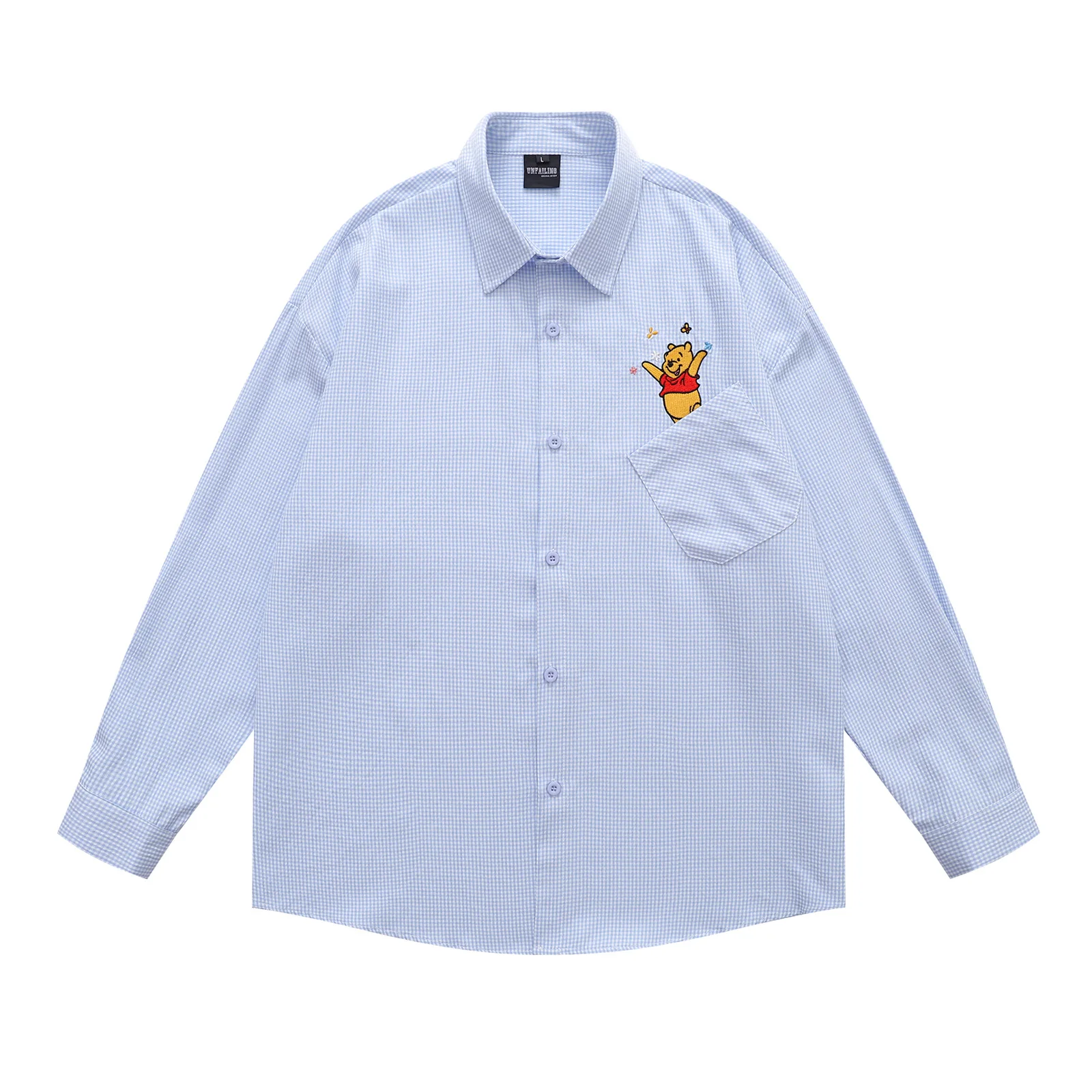 American Retro Fun Cartoon Embroidered Plaid Long Sleeve Shirt for Women Loose Casual Versatile Couple Shirt Jacket for Autumn