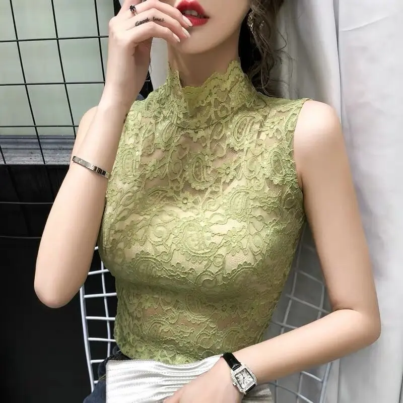 

2025 New Half High Collar Slim Lace Vest for Women Korean Style Elegant Tight Fitting Hollow Out Base Shirt