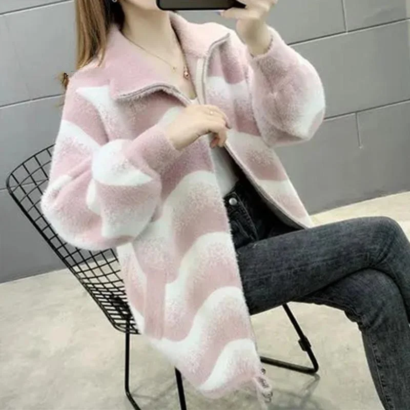 

Imitate Mink Velvet Women's Jacket 2022 New Autumn Winter Loose Fashion Knitted Coat Sweater Cardigan Outerwear Tops Femmino