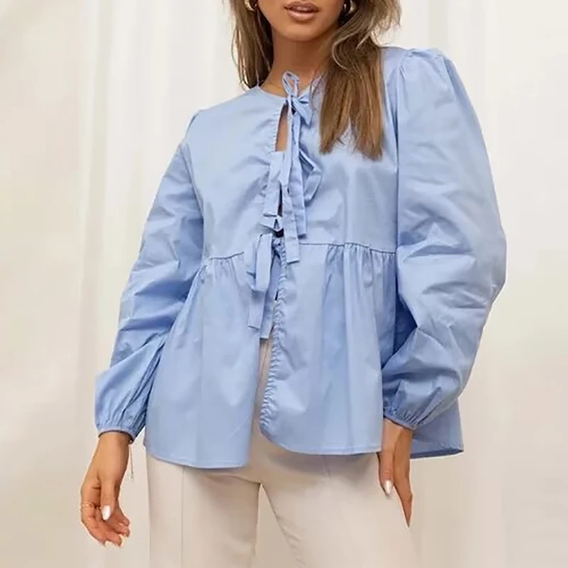 Bow Tied Lace Up Shirts For Women 2024 Pleats Solid Long Sleeve Hollow Out O-neck Blouses Female Streetwear Lady Casual Tops