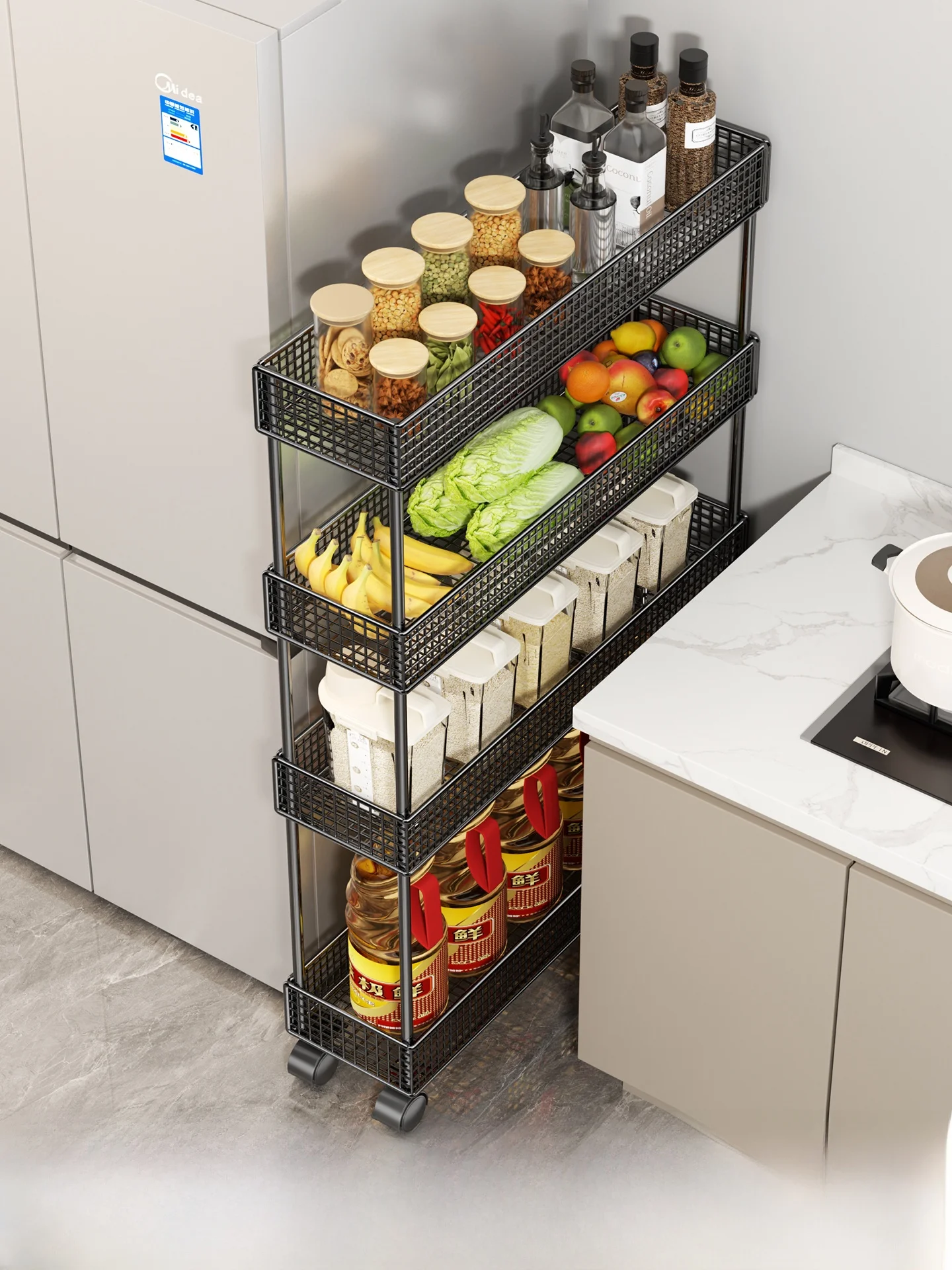 Ultra-Thin Multi-Layer Kitchen Door  Shelf Mobile Wheel Storage Rack Carbon Steel Frame Modern Simple Style for Everyone