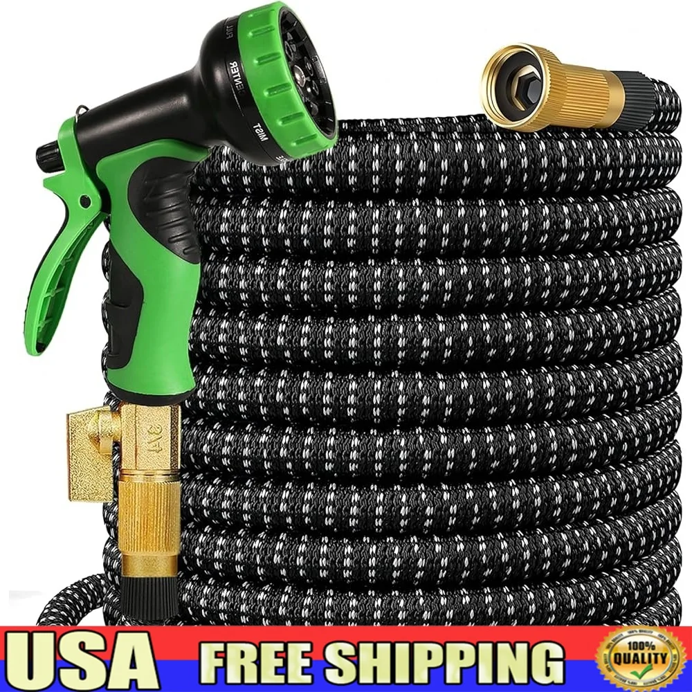 

100ft Expandable Garden Hose Flexible Lightweight No Kink Leakproof Solid Brass 10 Pattern Spray Nozzle Watering Cleaning