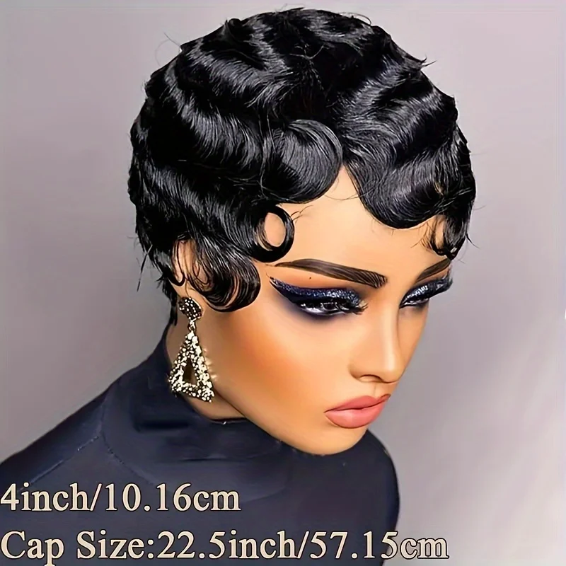 Short Finger Wave Wig Human Hair Wig Elegant Human Hair Wave Pixie Cut Wig Layered Style For Women 180%Density Machine Made Hair
