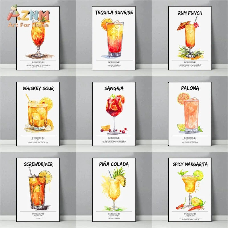 AZNM Watercolor Cocktail Recipe Canvas Wall Art Classic Drink Illustration Bar Kitchen Minimalist Home Decor Unframed