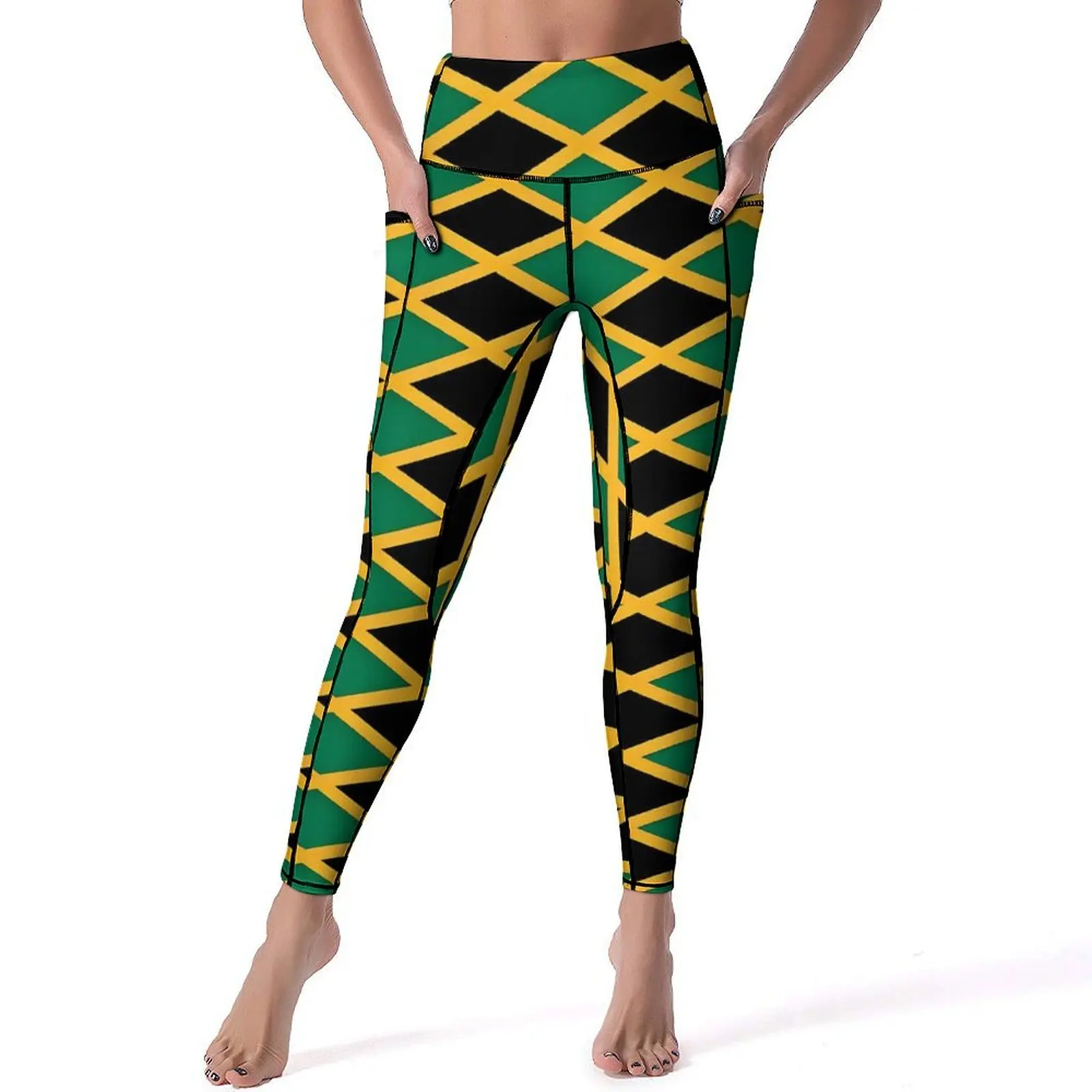 Jamaican Flag Leggings Yellow And Green Push Up Yoga Pants Aesthetic Elastic Yoga Legging Women Design Running Sports Tights