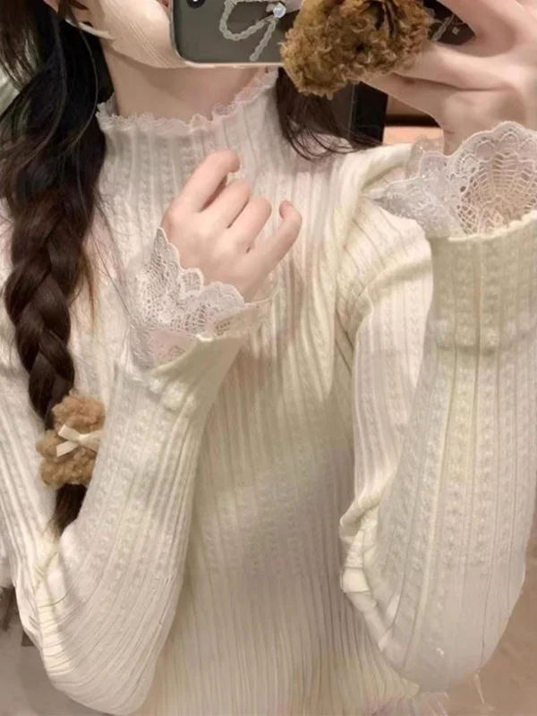 

Lace Trim Knitted Sweater Women's Spring 2026 New Sle Small Fraance Wind Inner Wear Layered f High Collar Top