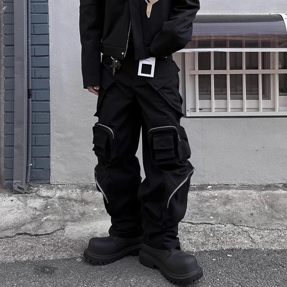 High Street Multi-pokcets Functional  Wide Leg Cargo Pants Unisex Black Straight Baggy Y2K Overalls Oversized Loose Trousers