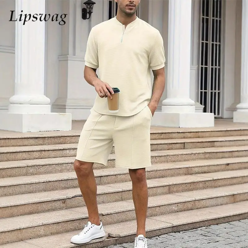 

Лето 2025 г., повседневная мужская одежда, вафельные клетчатые текстурированные топы с короткими рукавами и шорты, комплекты из двух предметов, мужские модные однотонные костюмы