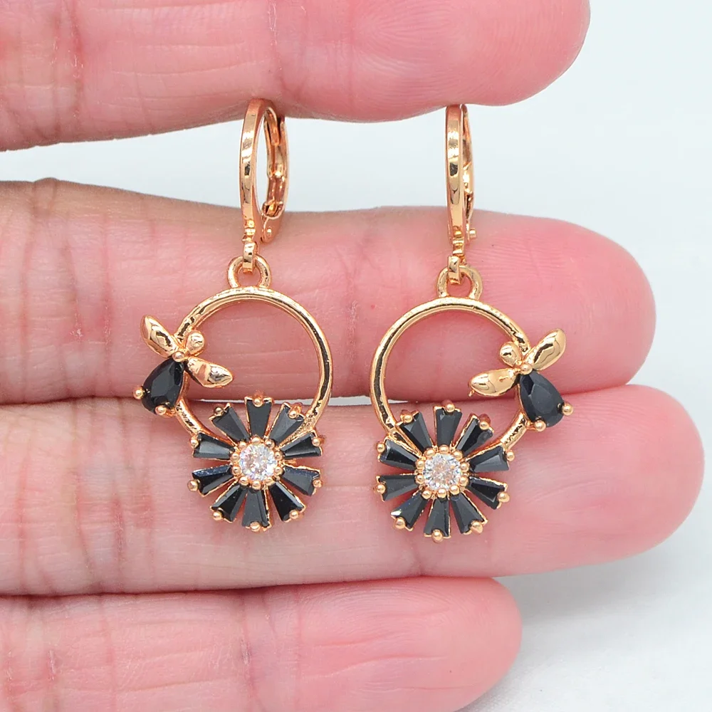 Gold Color Women Lovely Pink Zircon CZ Round Bowknot Dangle Earrings Jewelry