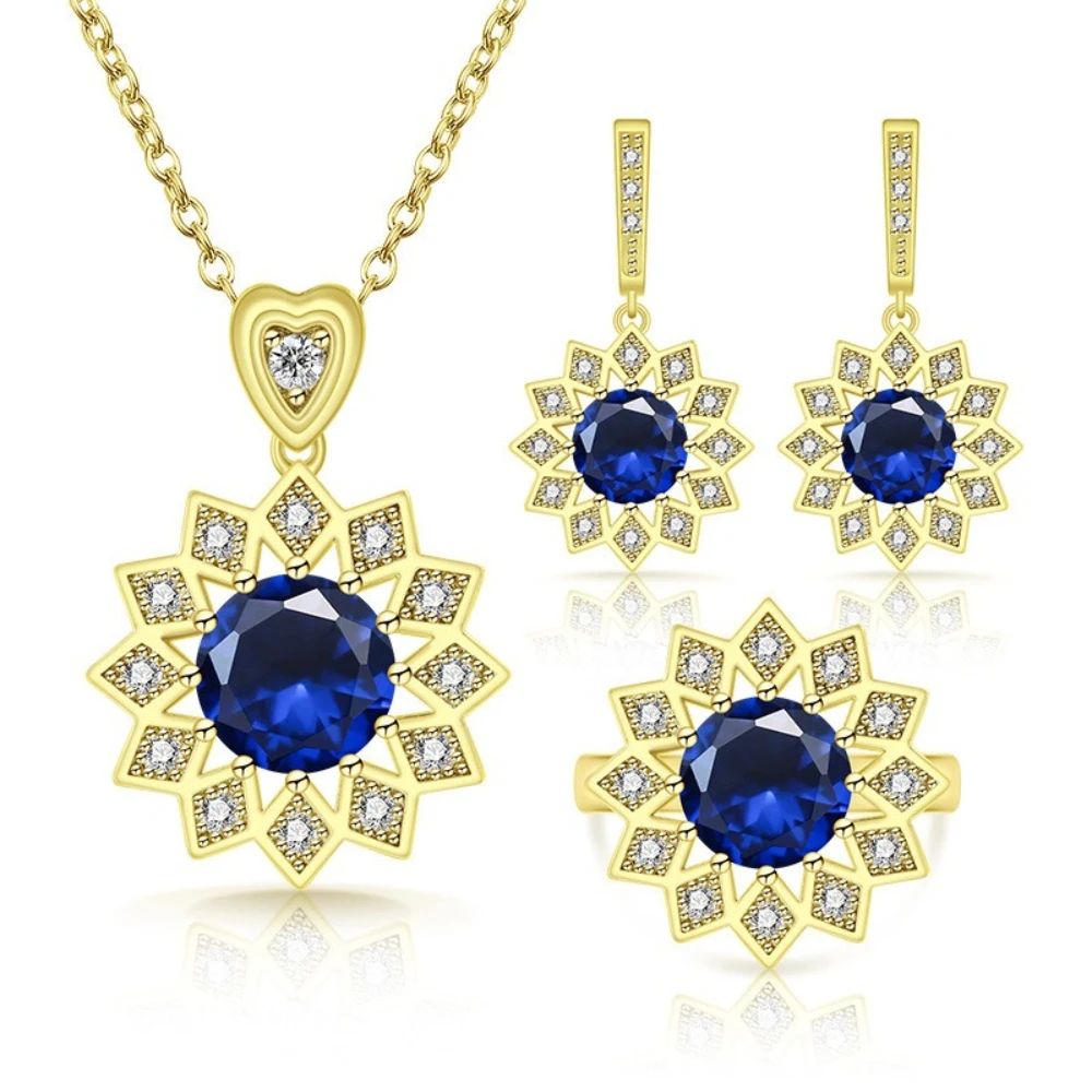 Exquisite 925 sterling silver flower gold jewelry set - ring, earrings, necklace. Women's accessory.