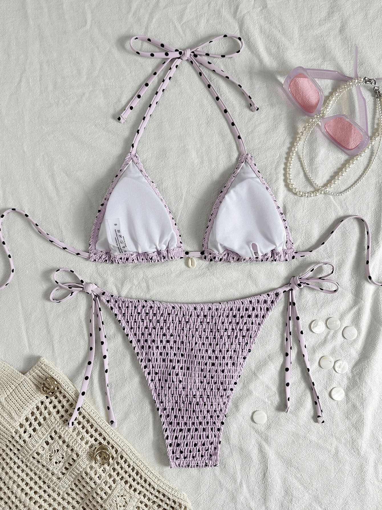 Sexy Black Polka Dot Print Micro Bikini Women Shell Pleate Push Up Bra Tie Side Thong Swimsuit 2026 Beach Bathing Suit Swimwear view 6