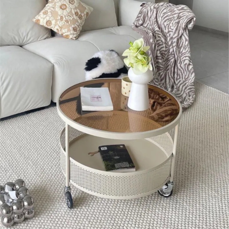 IHOME Living Room Movable Small Coffee Table, Sofa Side Table French Cream Style Simple Wheeled Storage Luxury Small Round Table