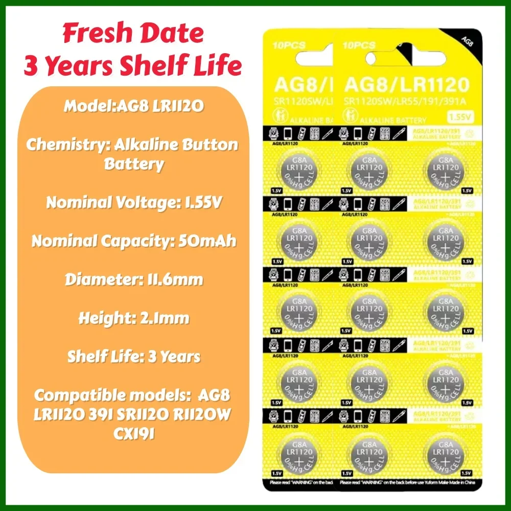 Button Cell Battery AG8 LR1120 391 SR1120 1.55V 10-100PCS Coin Cell for Watch Toy Remote Control Calculator
