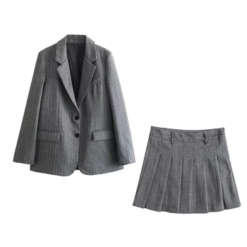 Solid Winter Women's Fashion Casual Loose Suit Coat Mini Skirt Temperament Set Pinstripe Blend Suit Skirt Gray Office Lady