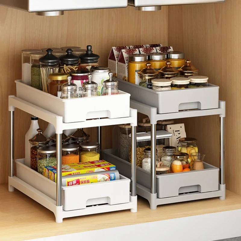 

Two Layer Kitchen Storage Rack Countertop Cabinet Organizer Seasoning Bottle and Water Cup Holder Cutlery Rack Snack