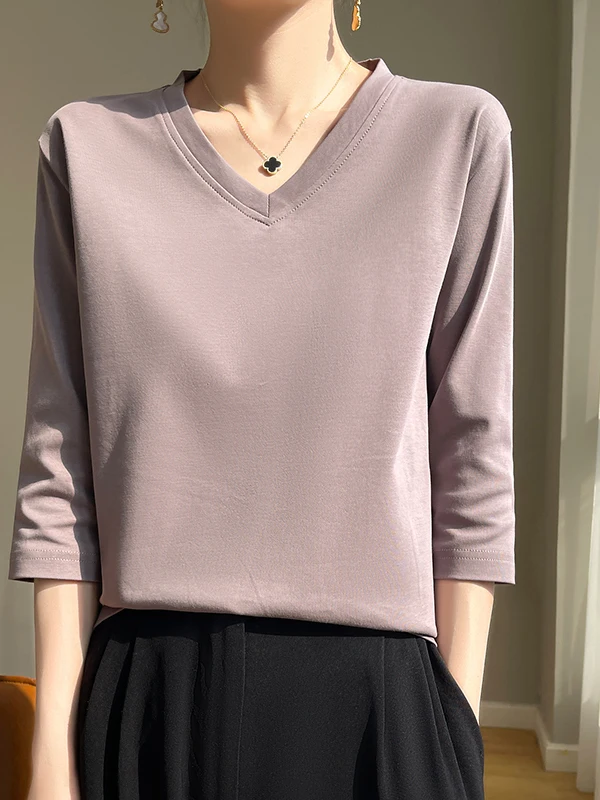 Spring Summer New Style Loose Fit Pure Cotton V-Neck Women's T-Shirt Half Sleeve Base Shirt Top Breathable Moisture Wicking