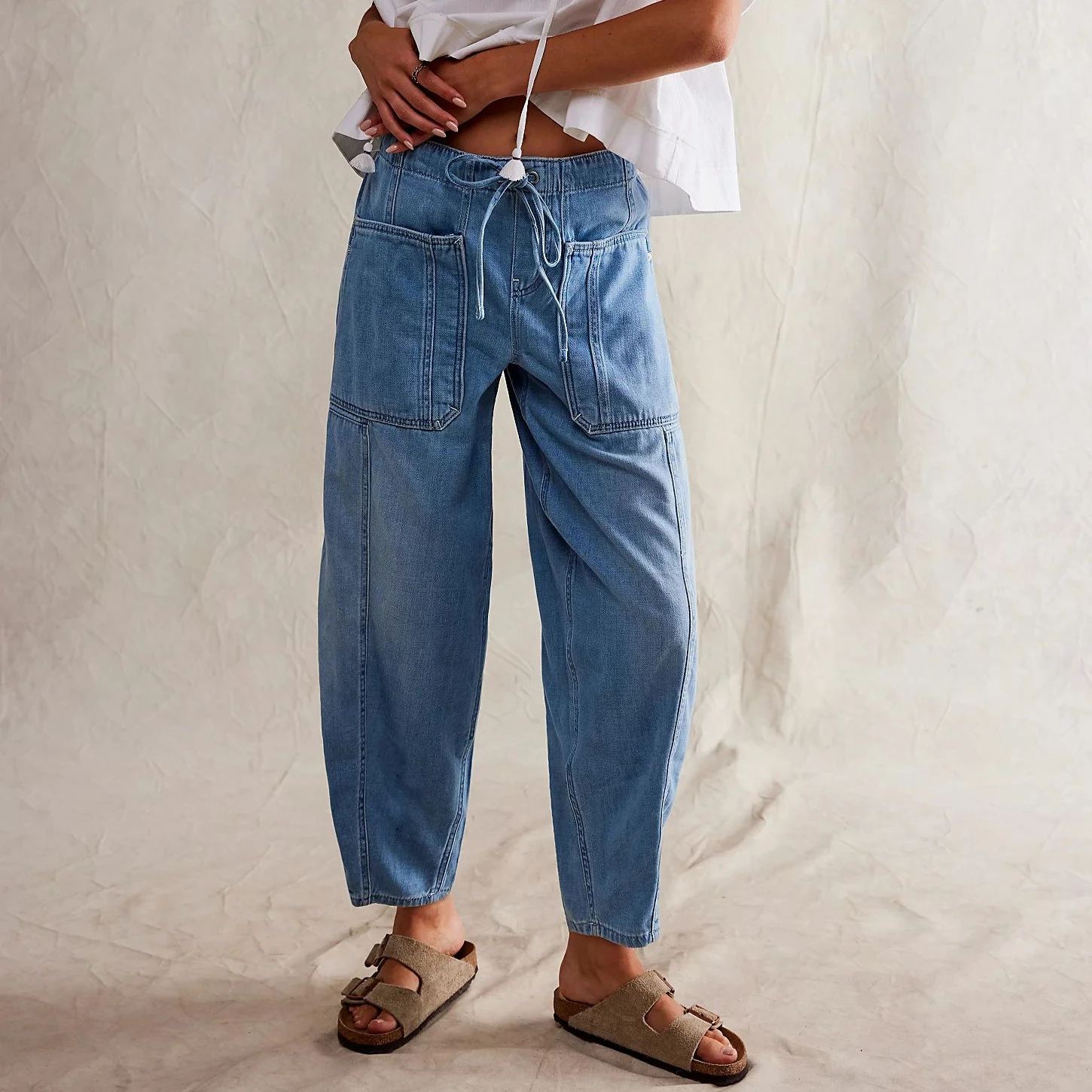 Casual Loose Elastic Waist Cotton Denim Jeans For Women Wide Leg Cropped Pants Pockets Boho Beach Women's pants Summer Trousers