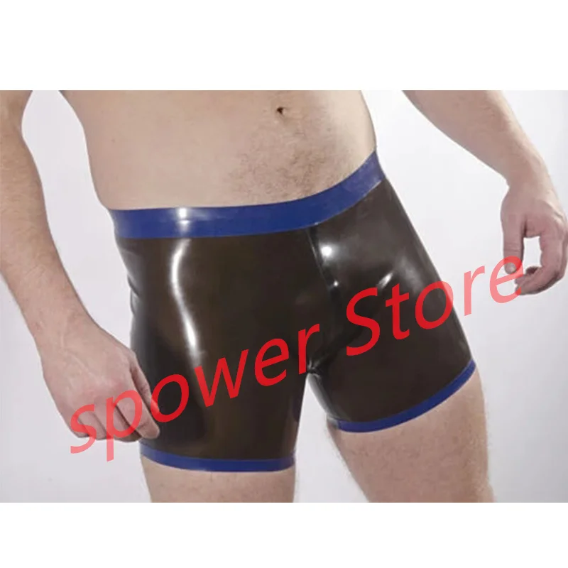 

Latex Panties Boxer Sexy Fetish Rubber Shorts Transparent Black with Blue Lingerie Underwear Handmade Cosplay Costume for Men
