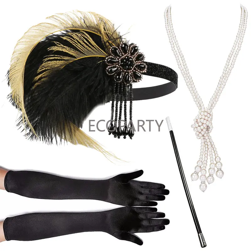 1920s Great Gatsby Party Costume Accessories Set 20s Flapper Feather Headband Pearl Necklace Gloves Cigarette Holder 4 Pcs Set