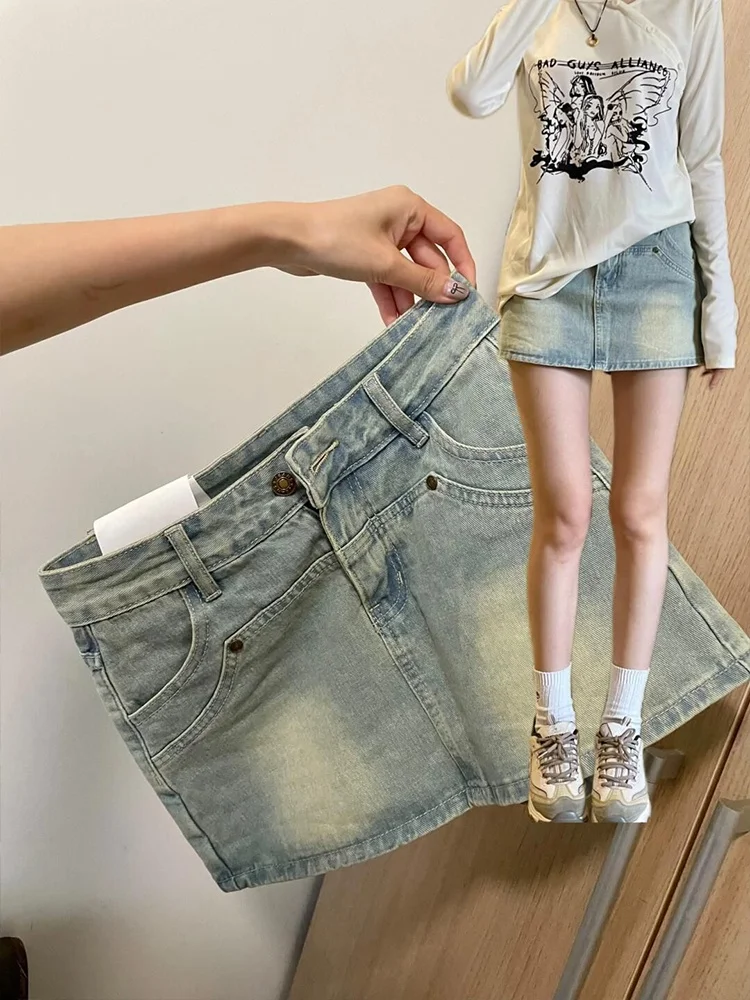 กระโปรงยีนส์ทรงเอไลน์สไตล์เรโทรสำหรับผู้หญิงไซส์ใหญ่ เอวสูง กระชับสัดส่วน แบบกระโปรงกางเกง เอวสูง สไตล์เกาหลี ติดกระดุมและซิป