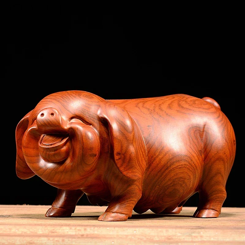 Feng Shui Wooden Crafts Huanghuali carving Handmade pig Figurines Home Decor Accessories Office desktop Ornament Lucky Gift