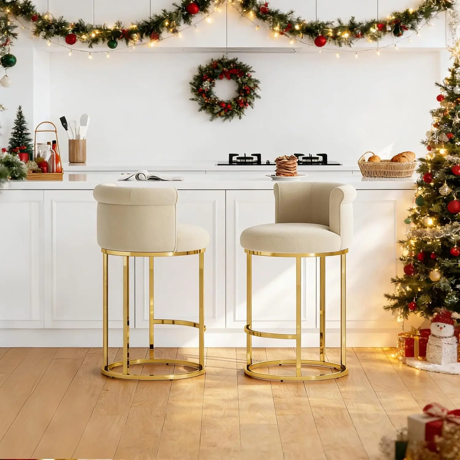 

26" Counter Height Bar Stools Set of 2 Modern Barrel Back Linen Upholstered Kitchen Island Gold Frame, Customized