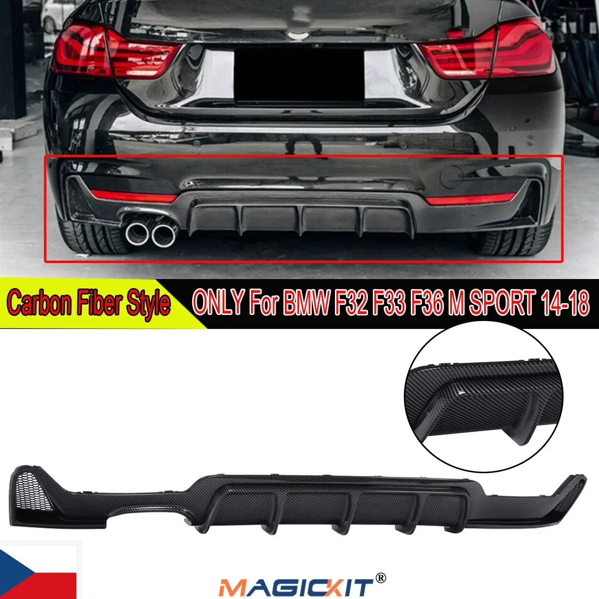 MagicKit Rear Bumper Diffuser Twin Exhaust Pipe For BMW 4 Series F32 F33 14+ Carbon Fiber