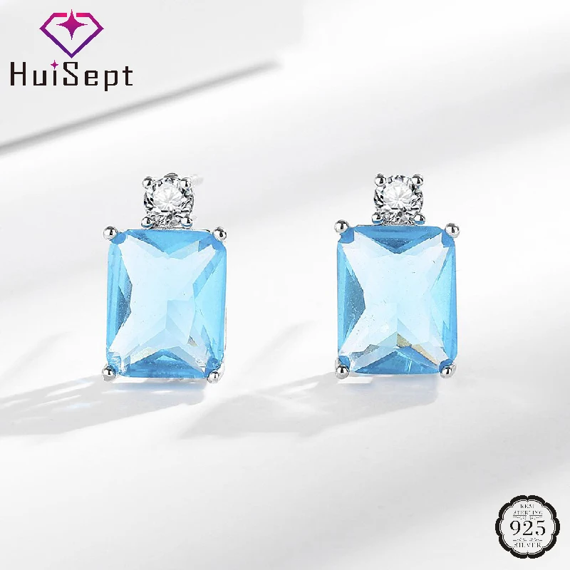 

HuiSept Fashion 925 Silver Jewelry Stud Earrings with Sapphire Gemstone Accessories for Women Wedding Party Engagement Gifts