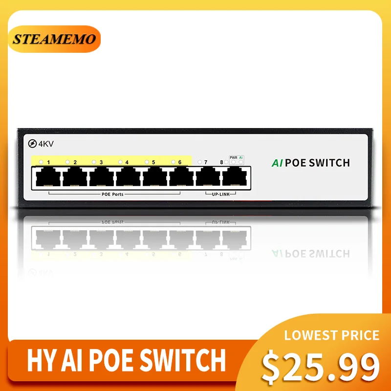 

STEAMEMO HY Series AI Smart 6 Port POE Switch 100W Built-in Power Supply 100M Network Switch Suitable for IP Camera/Wireless AP