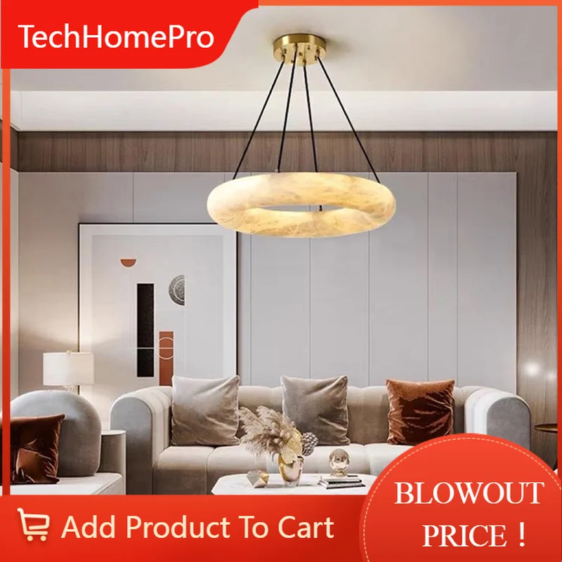 TechHPPostmodern Living Room Foyer Brass Alabaster Chandelier Nordic Minimalist Designer Bedroom Corridor Study Circle Pendant L