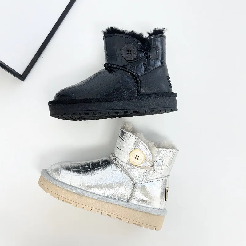 

Зимние сапоги из коровьей кожи для мальчиков, непромокаемая зимняя теплая шерстяная детская обувь с теплой подкладкой, ботильоны для девочек из натуральной кожи