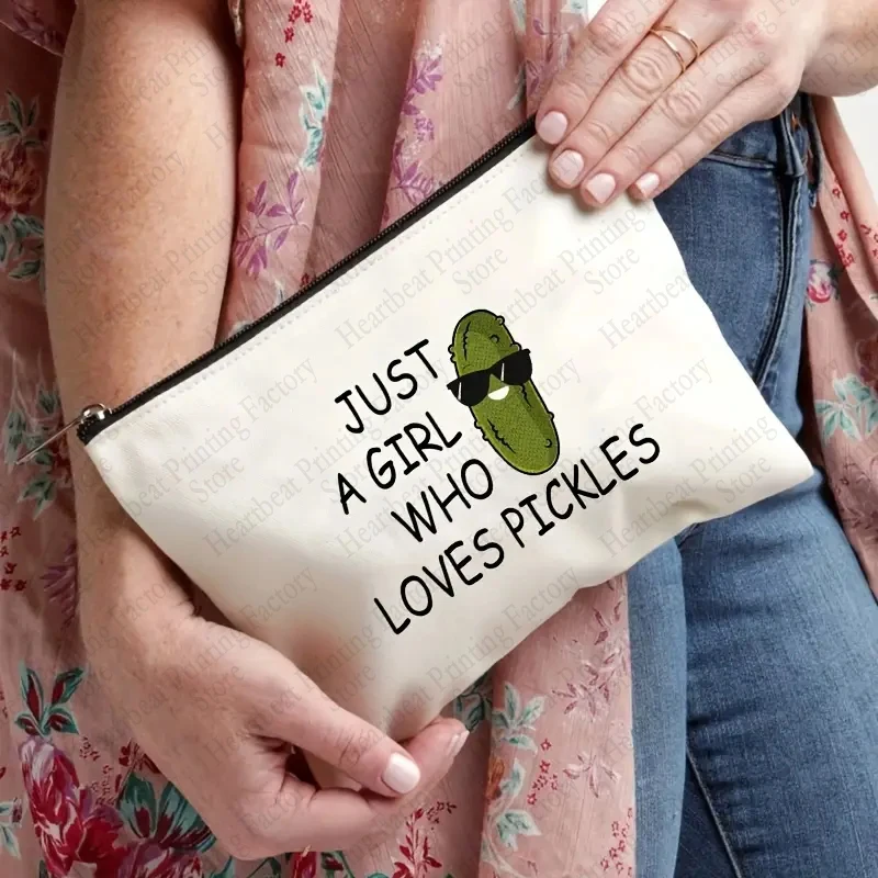 Cute Pickle Pattern Cosmetic Case Just A Girl Who Loves Pickles Makeup Bag Funny Pickles Lightweight Portable Toiletry Bags