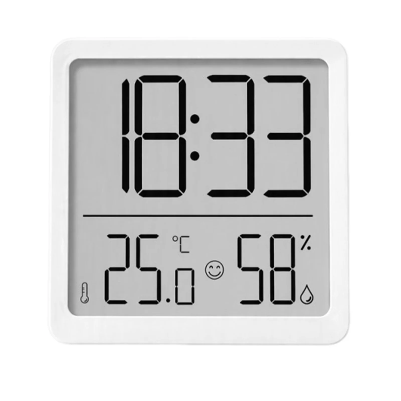 Plastic Digital Thermo-Hygrometer with Clock and Alarm Function for Indoor Use Size 8.3 x 8 cm White or Black Finish
