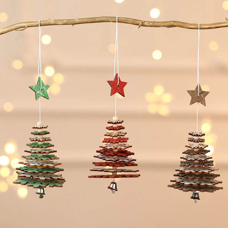 Christmas Bell Pendant Wooden Creative Pentagram Snowflake Grave Concatenation Crafts Wood Christmas Tree 3D Pendant Decoration