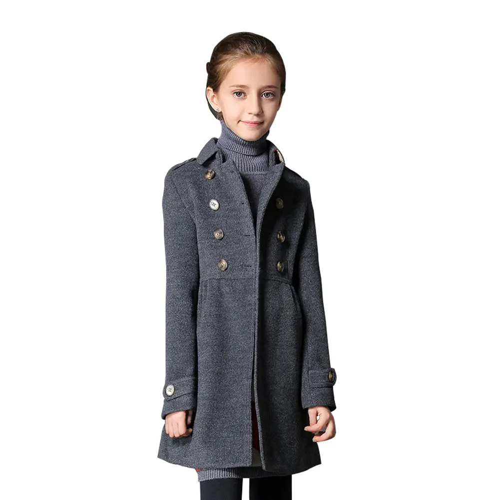 

Girls Wool Coat Long Lapel Children's Double Breasted Buckle Slimming Windbreaker Grey Quality Fashion Kids Outwear Spring/Fall