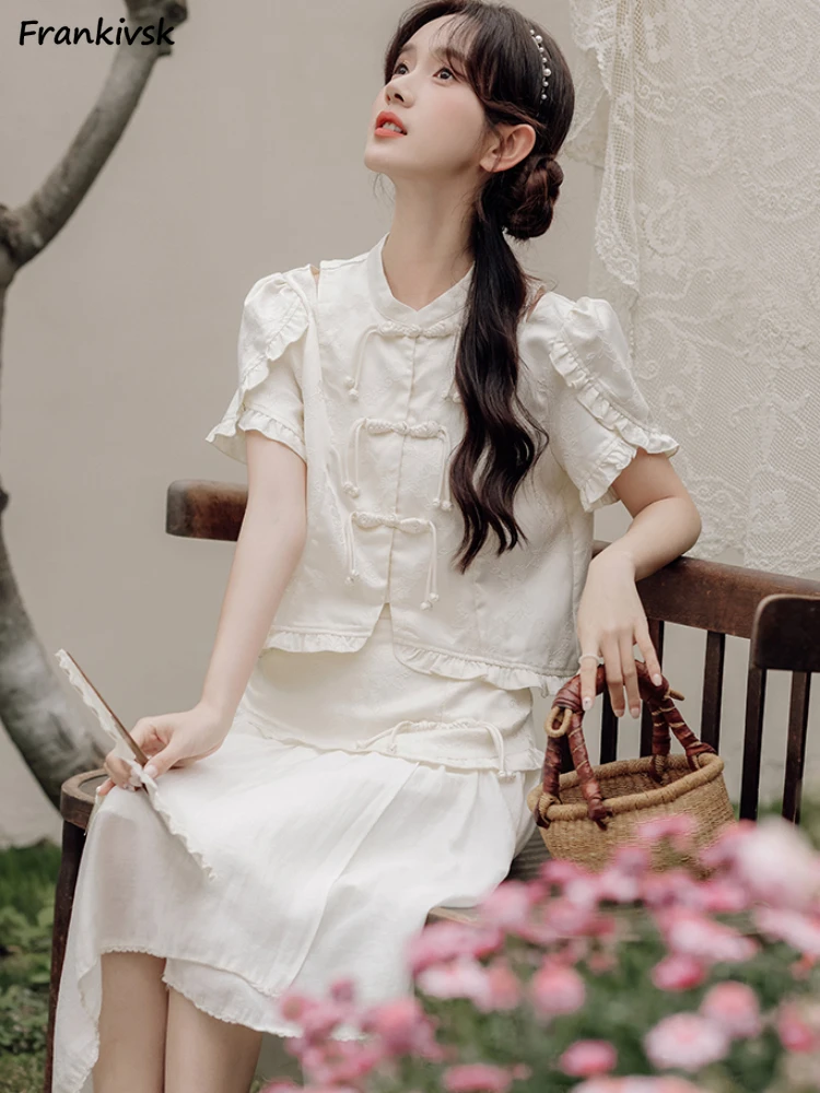 Shirts for Women Short Sleeve Graceful Comfortable Chinese Style Eye-catch All-match Summer Button Delicate Vintage Breathable