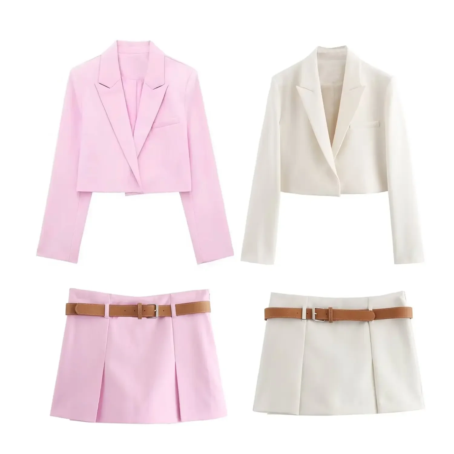 

Women's 2-piece Suit 2024 New Fashion Office Short Suit Jacket Retro Long-sleeved Blouse+matching Belt Skirt Suit