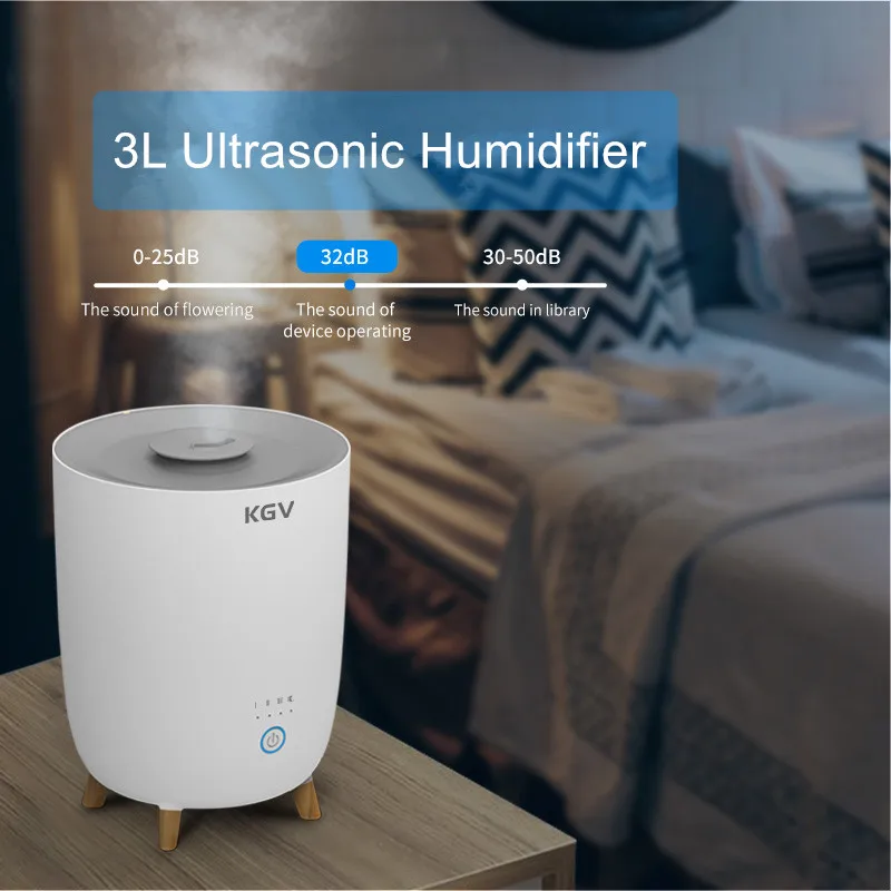 Ultrasonic Humidifier Easy to Clean with Open Lid Water Supply Four Level Adjustment Water Shortage Protection 3L Large Capacity