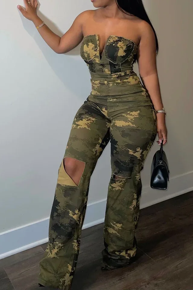 

Women Camouflage Jumpsuit Casual Army Green Denim Camo Strapless Sleeveless High Waist Ripped Jumpsuit Rompers