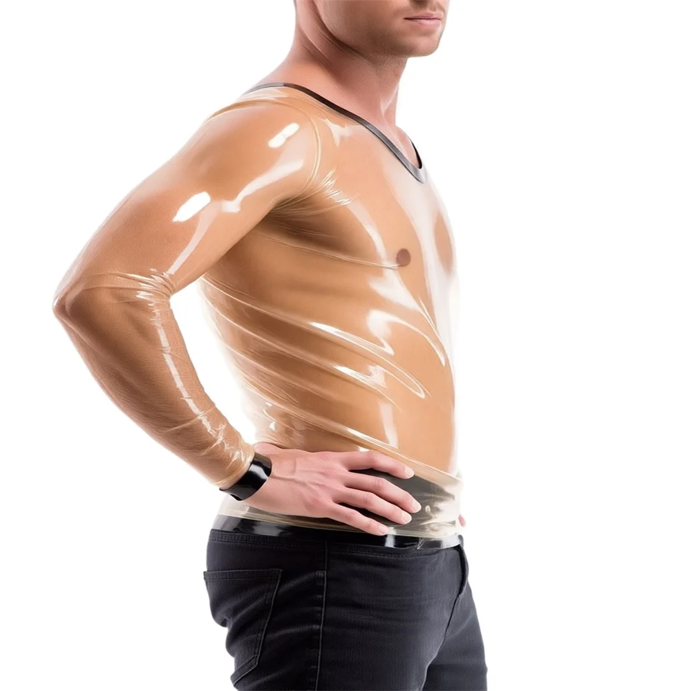 

Мужской латексный прозрачный топ с длинными рукавами, 100% ручная работа, с черной отделкой, сексуальный, уникальный, облегающий