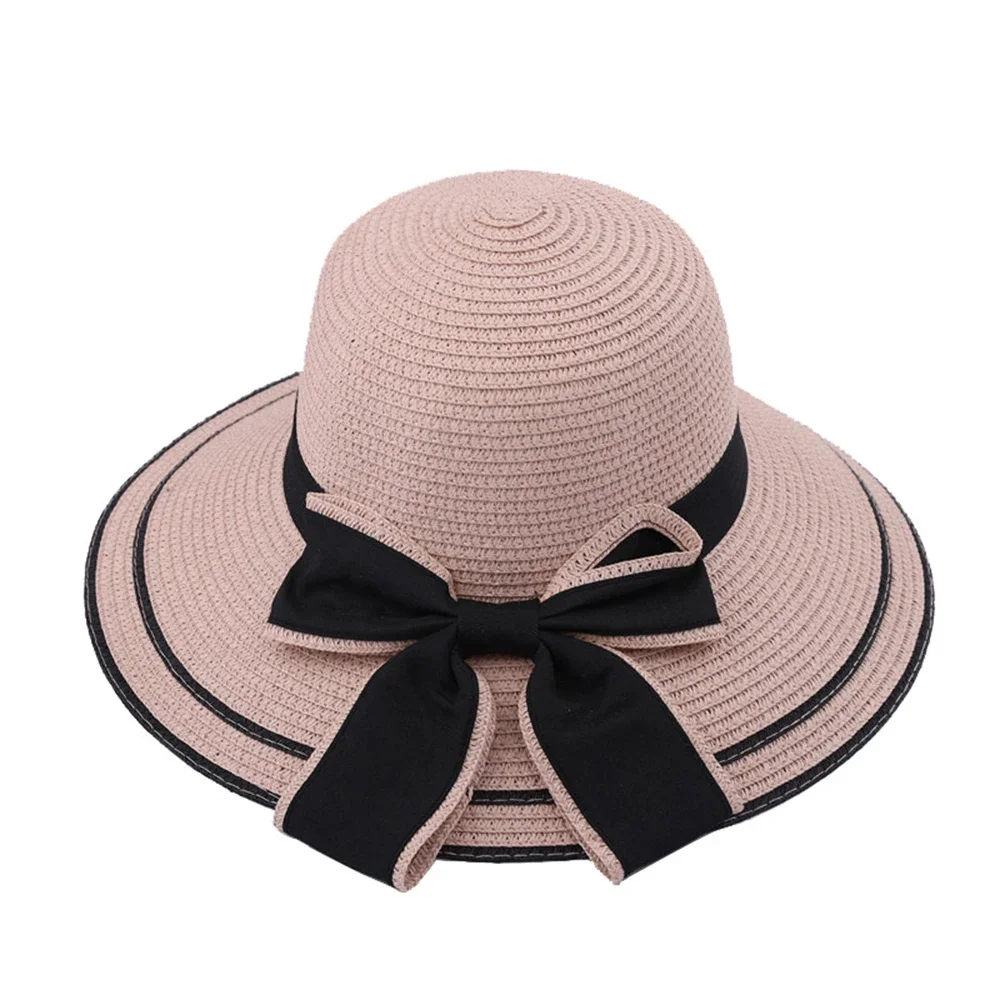 Summer Large Brimmed Hat With Wavy Edges and Bow Grass Hat For Women\'s Outdoor Vacation Beach Sun Hat Foldable