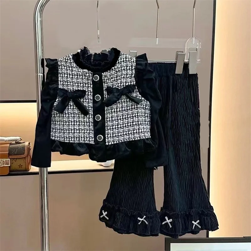 Girls Clothing Sets Baby Tops Flared Pants 3 Pieces Tide Autumn Children\'s Warm Suit New Spring Sweet Casual Sets 12M-5 Years