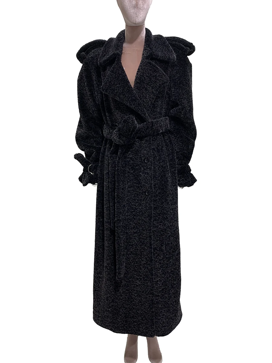 

Nerazzurri Autumn Winter Extra Long Oversized Thick Warm 100% Wool Coat Women Shoulder Pads Belt Luxury Chic Fluffy Overcoat