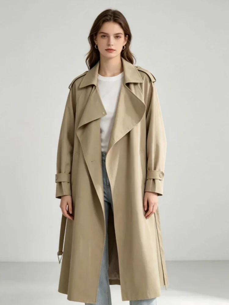 Fashionable and Versatile Women's Solid Color Mid-length Windbreaker Coats Spring Autumn Loose Fit Design Office Lady Long Coat
